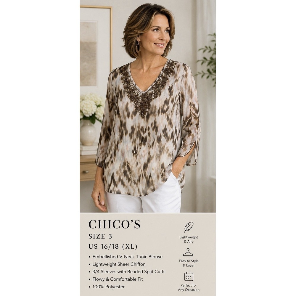 Chicos 3‎ Ikat Illusion Isabella Beaded Sheer Tunic Blouse Women's 16/18 (XL)